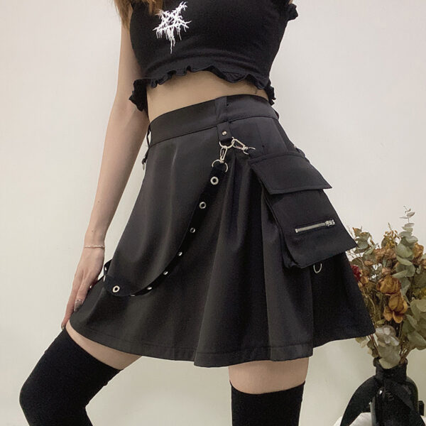 InstaHot Black Pockets High Waist Skirts Strap Zipper Pleated Skirt Women Gothic Punk Streetwear Casual Cargo Skirt Fashion - Image 4