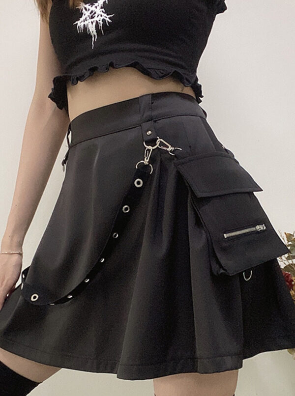 InstaHot Black Pockets High Waist Skirts Strap Zipper Pleated Skirt Women Gothic Punk Streetwear Casual Cargo Skirt Fashion - Image 2