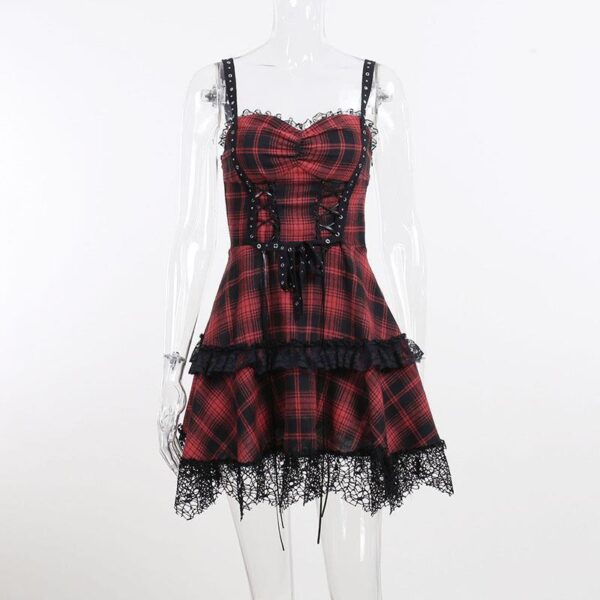 Gothic Plaid Trendy Lace-up Waist Deep V Strap Dress For Women - Image 3