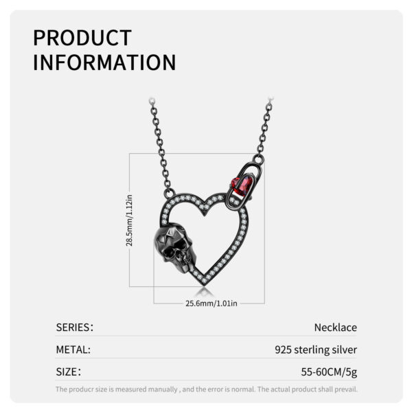 S925 Silver Plated Black Gold Zirconium Set Skull Heart Necklace Dark Retro Gothic Punk - Image 3