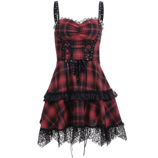 Gothic Plaid Trendy Lace-up Waist Deep V Strap Dress For Women - Image 5