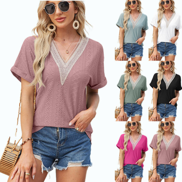 Women's Solid Color And V-neck Fold Sleeve Top - Image 8