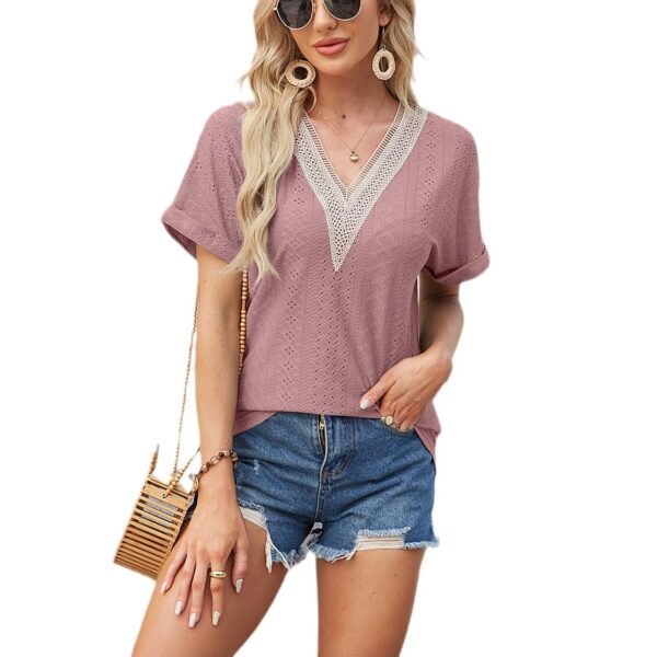 Women's Solid Color And V-neck Fold Sleeve Top - Image 6